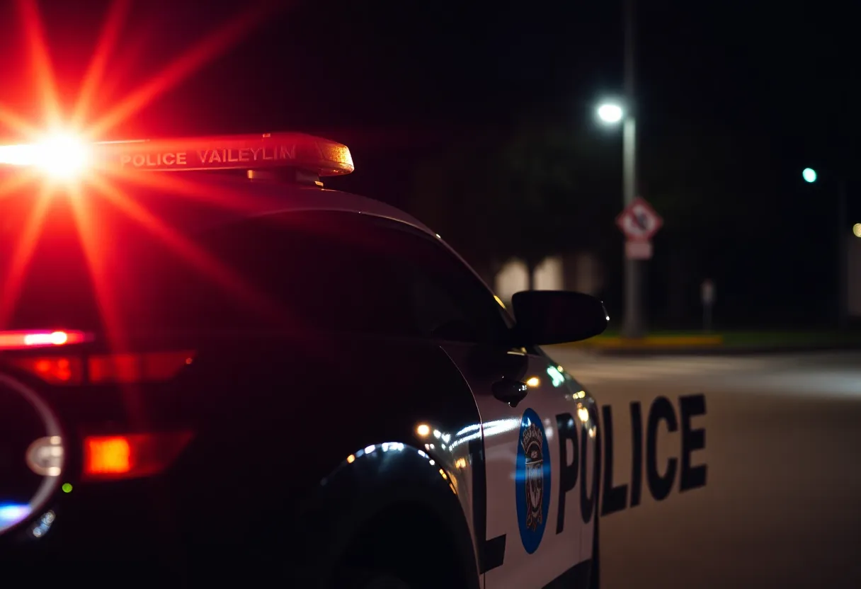 Police vehicle parked with flashing lights at night