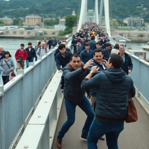 Two women engaged in a brawl on Cross Lake Bridge with traffic in the background