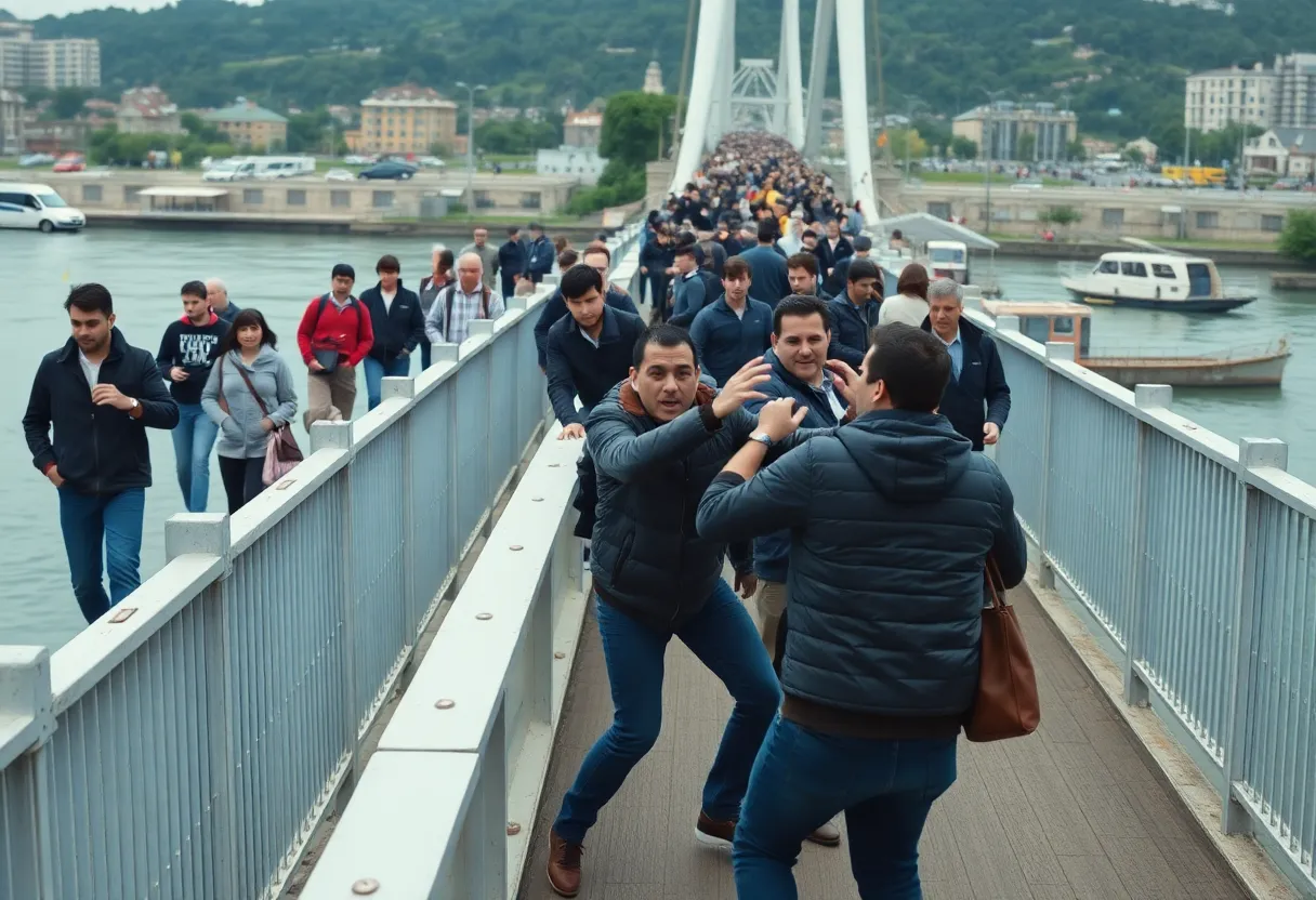 Two women engaged in a brawl on Cross Lake Bridge with traffic in the background