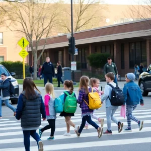 Children crossing safely at a school crosswalk with police monitoring the area.