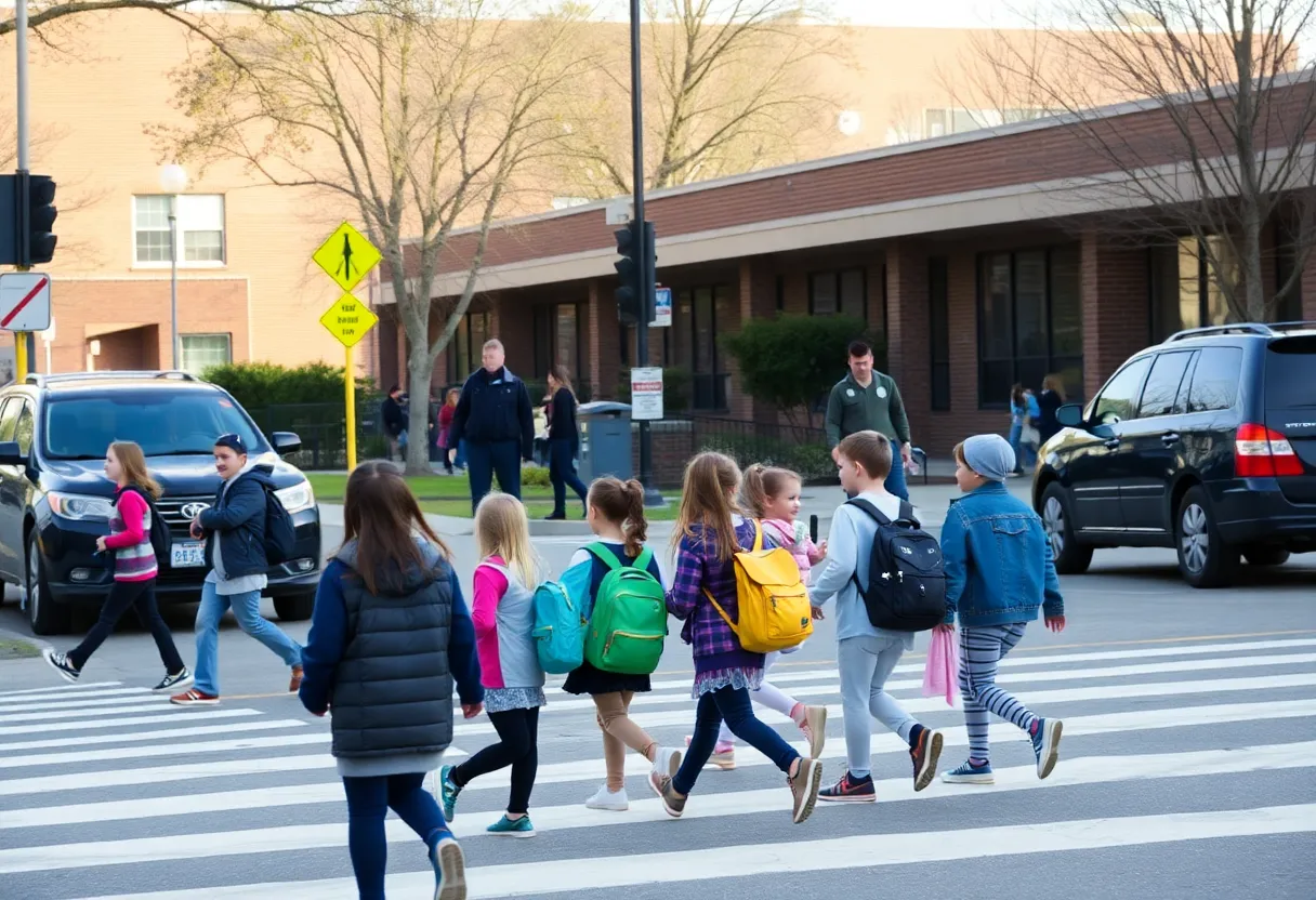 Children crossing safely at a school crosswalk with police monitoring the area.