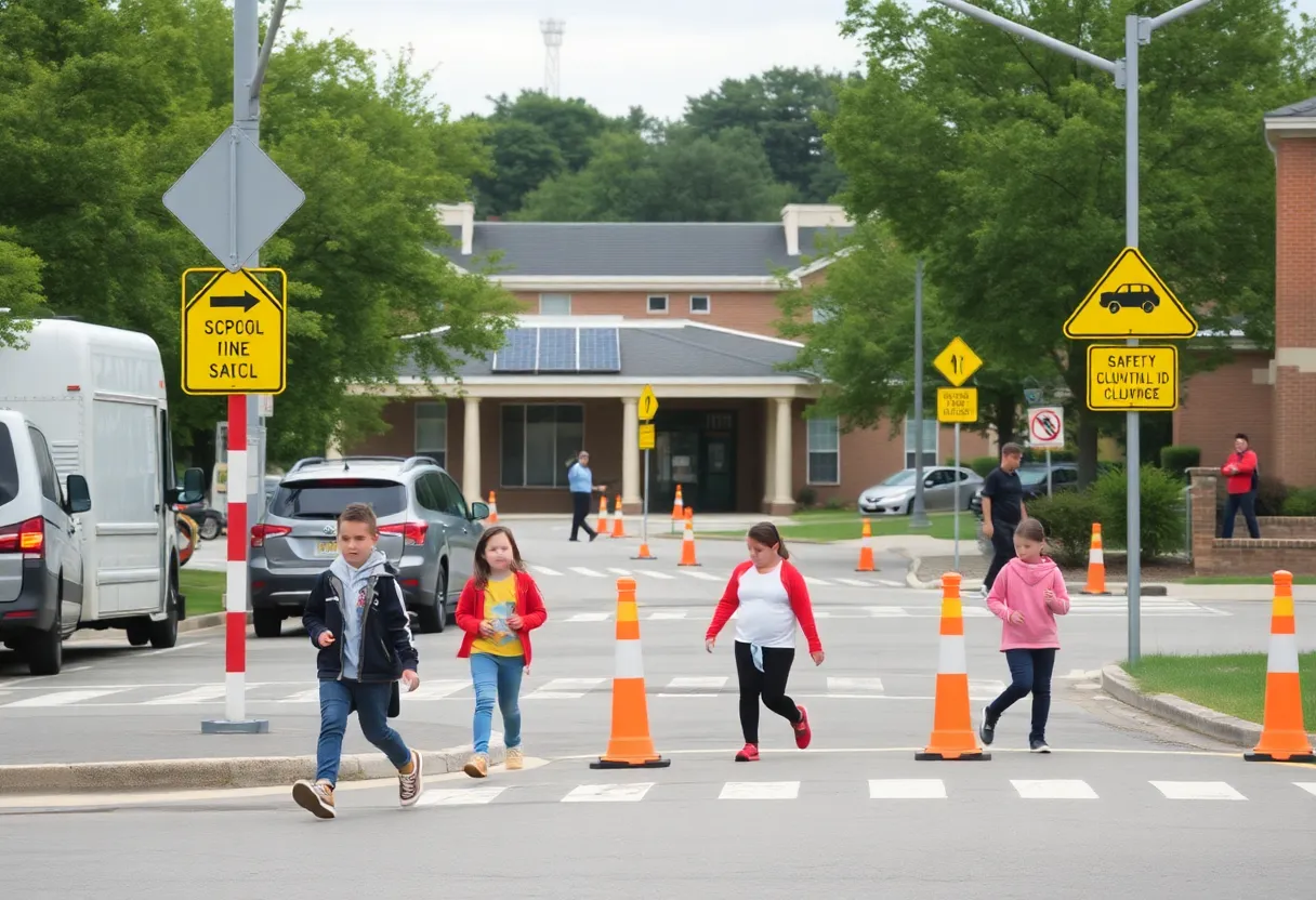 Traffic control in a school zone with students and vehicles.
