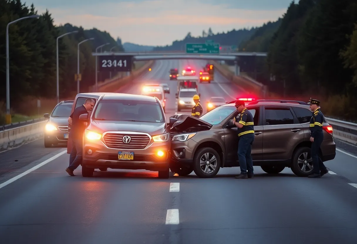 Head-on collision scene on Highway 3132 with emergency responders.