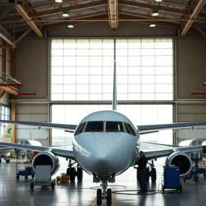 SkyWest Airlines maintenance facility with regional aircraft