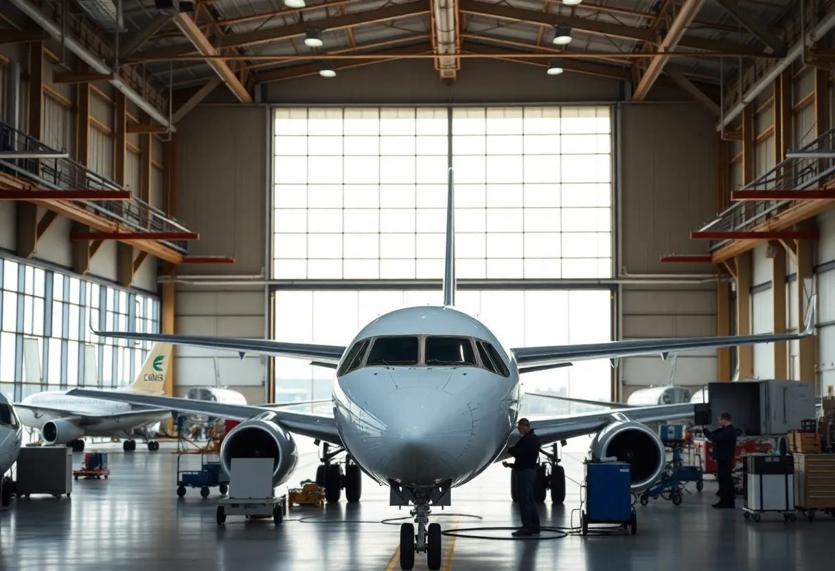 SkyWest Airlines maintenance facility with regional aircraft
