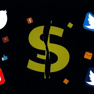 Graphic warning about social media scams with dollar signs and social media icons.