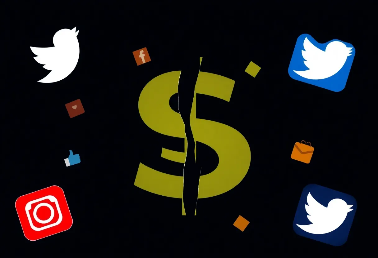 Graphic warning about social media scams with dollar signs and social media icons.