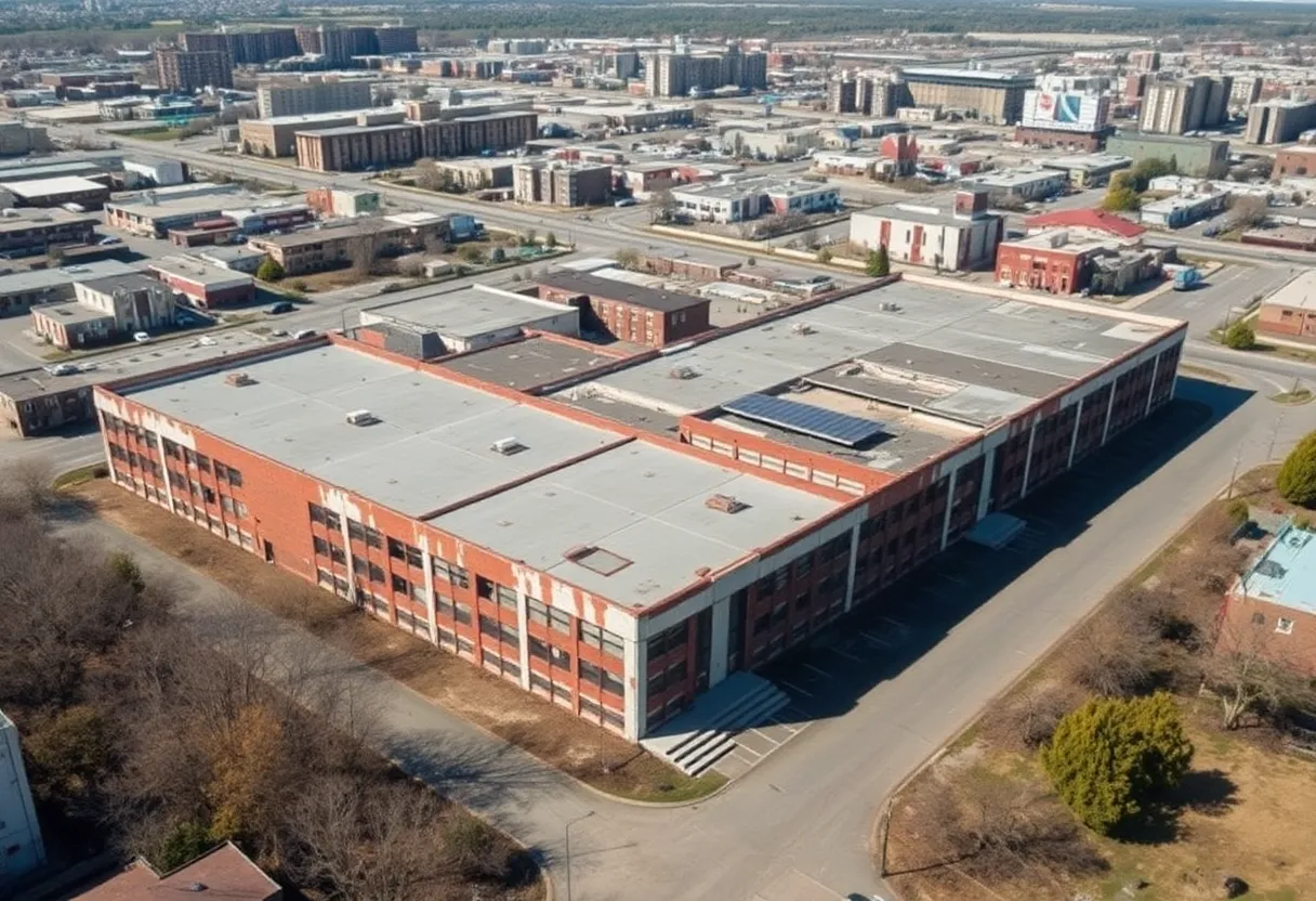 Aerial view showing the former South Park Mall property in Shreveport, showcasing its vast space and age-related deterioration.