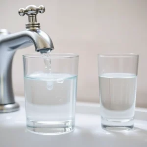 A clean water faucet with a glass of water representing safe drinking water in Southeast Shreveport.