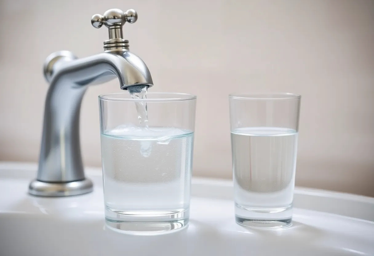 A clean water faucet with a glass of water representing safe drinking water in Southeast Shreveport.