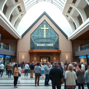 Community members gathering outside Summer Grove Baptist Church.