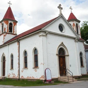 Exterior of Summer Grove Baptist Church showing maintenance issues