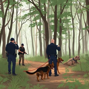 Law enforcement officers searching in wooded area