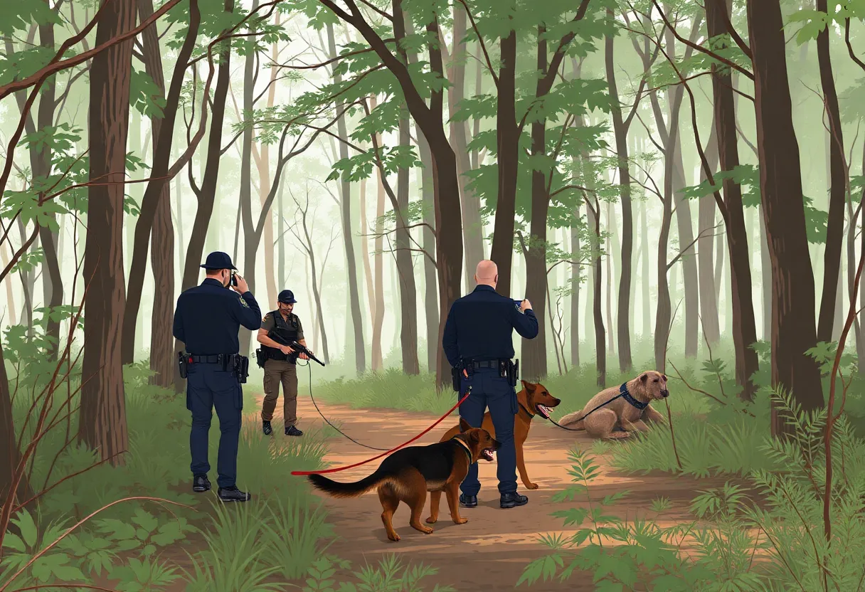 Law enforcement officers searching in wooded area