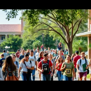 Diverse college campus scene in Louisiana with students engaged in academic activities.