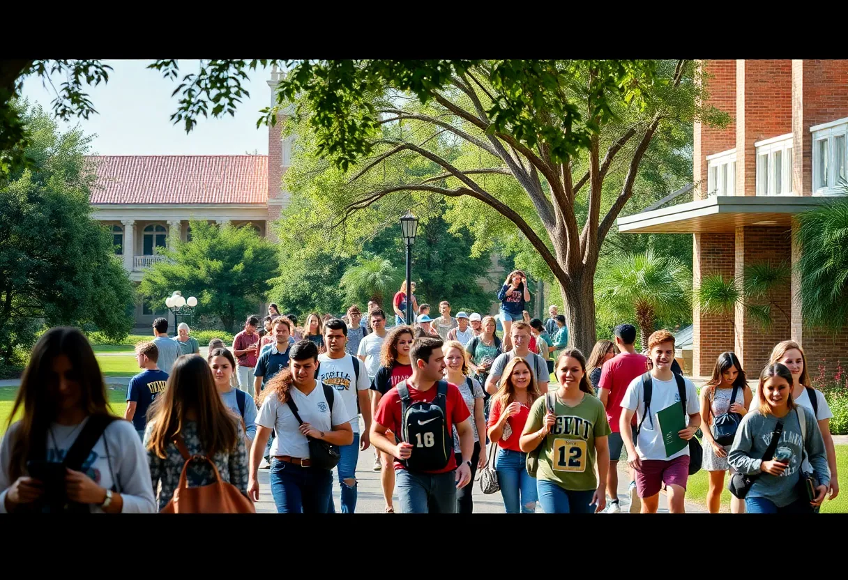 Diverse college campus scene in Louisiana with students engaged in academic activities.