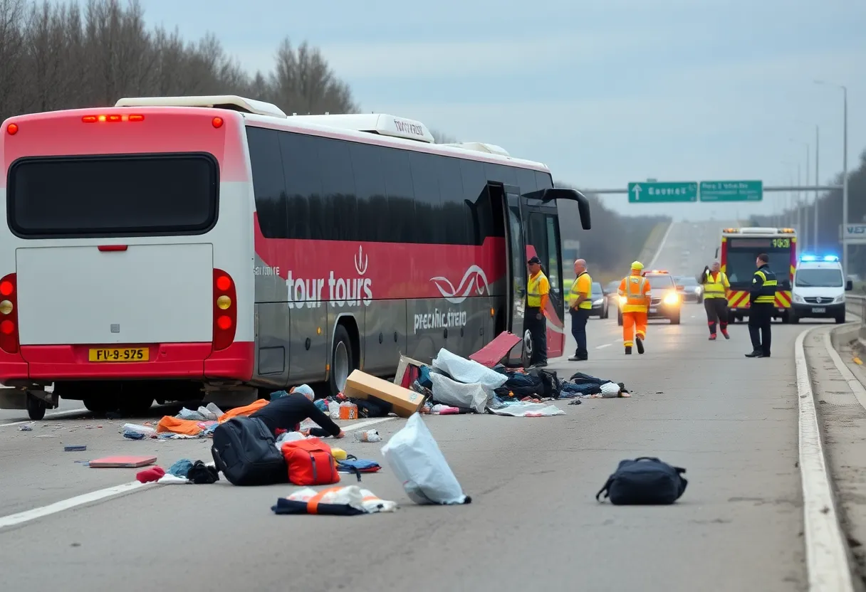 Scene of a tour bus crash with emergency responders and scattered belongings