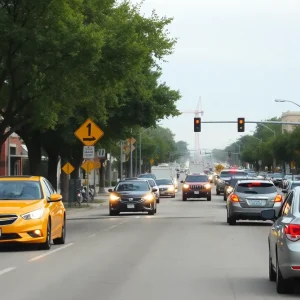 City street in Shreveport showing traffic and safety signs.