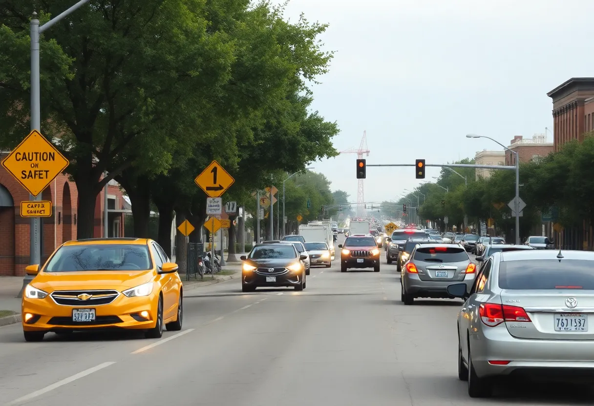 City street in Shreveport showing traffic and safety signs.