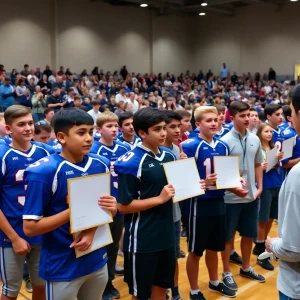 High school football players at the Tremendous 13 recognition ceremony
