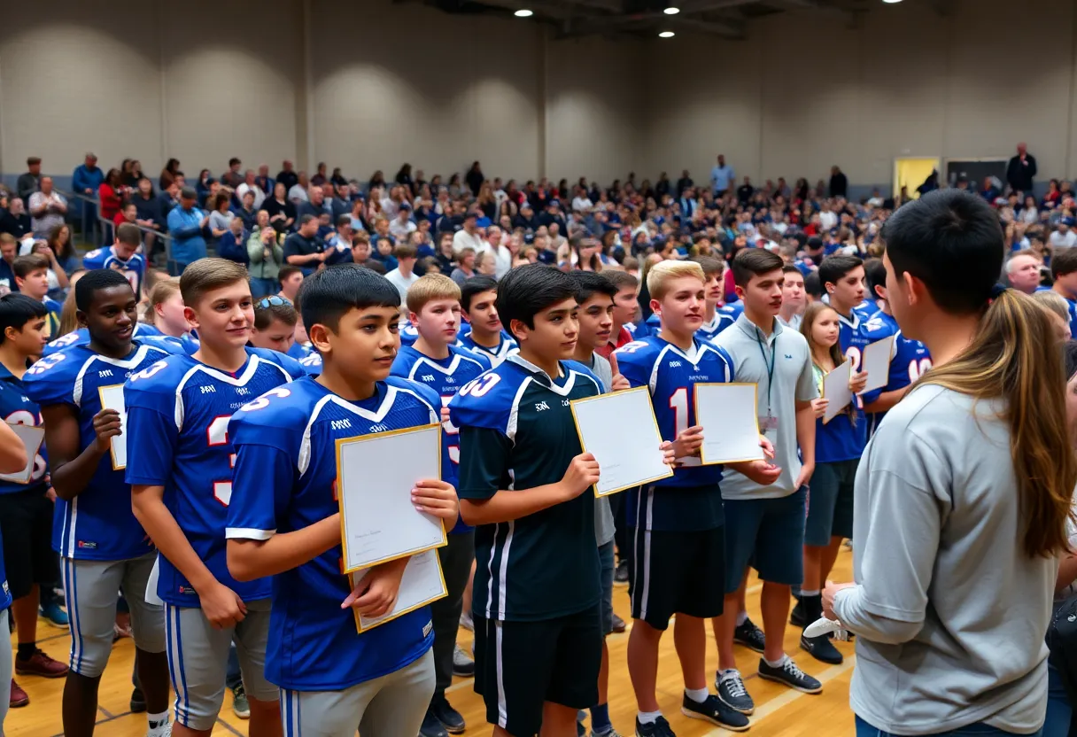 High school football players at the Tremendous 13 recognition ceremony