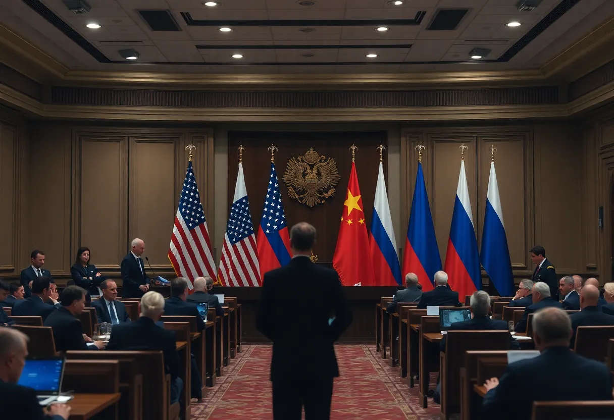 Geopolitical summit with US and Russian flags