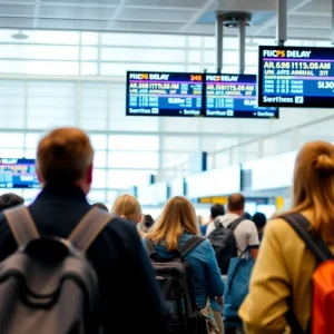 Passengers at an airport facing delays due to United Airlines grounding flights