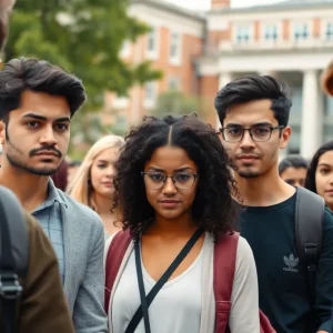 University campus with students reflecting diversity and unease