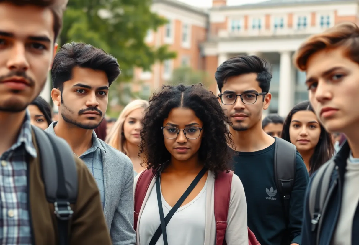 University campus with students reflecting diversity and unease