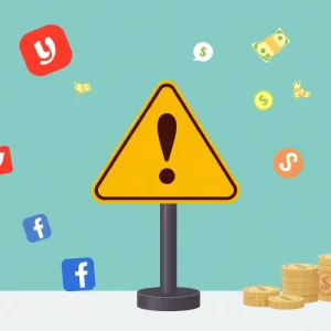 A warning sign showing social media and money symbols to depict online scams.