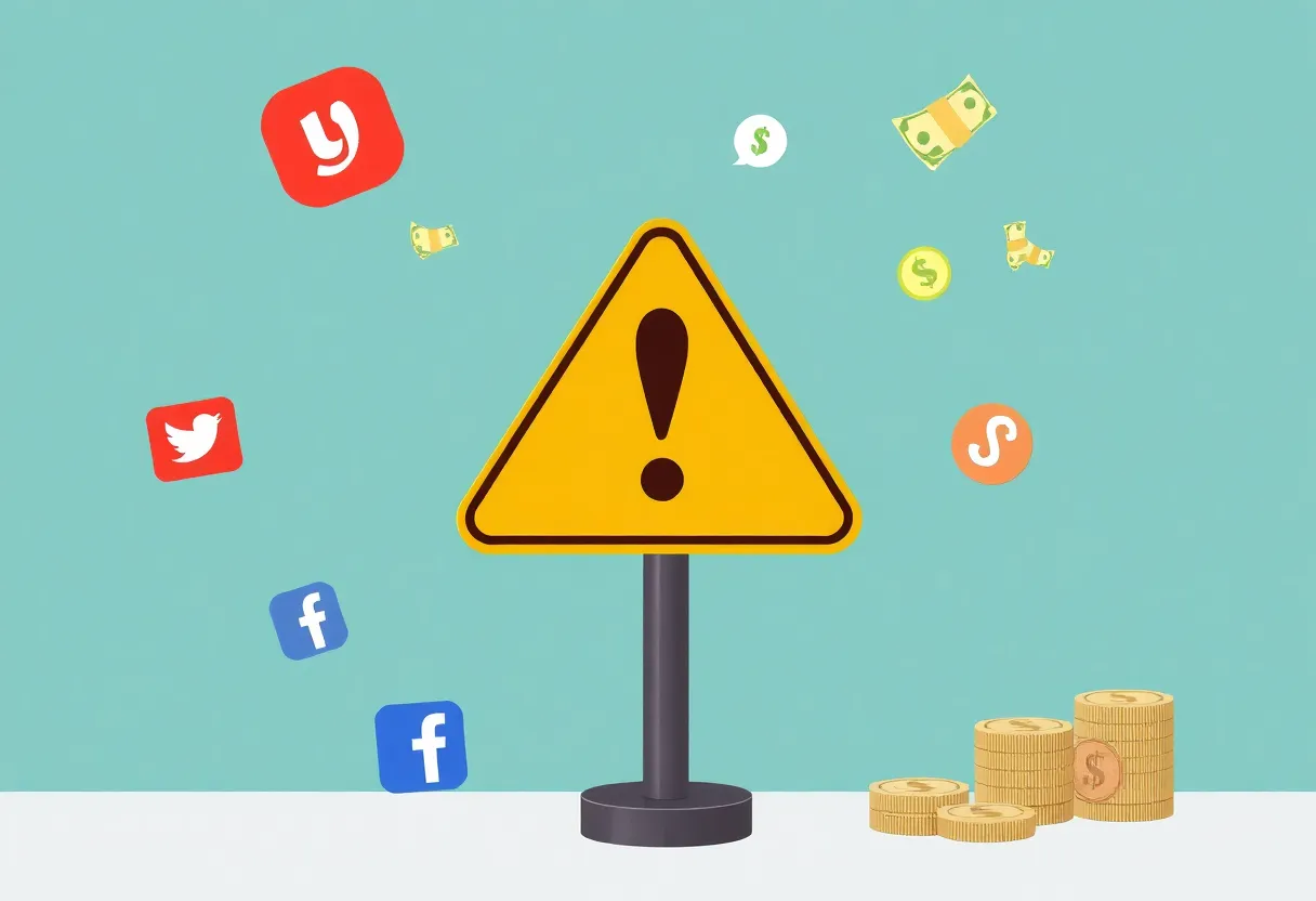 A warning sign showing social media and money symbols to depict online scams.