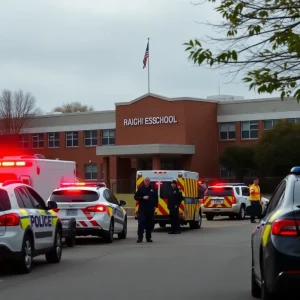 Police vehicles and emergency responders at Woodlawn High School