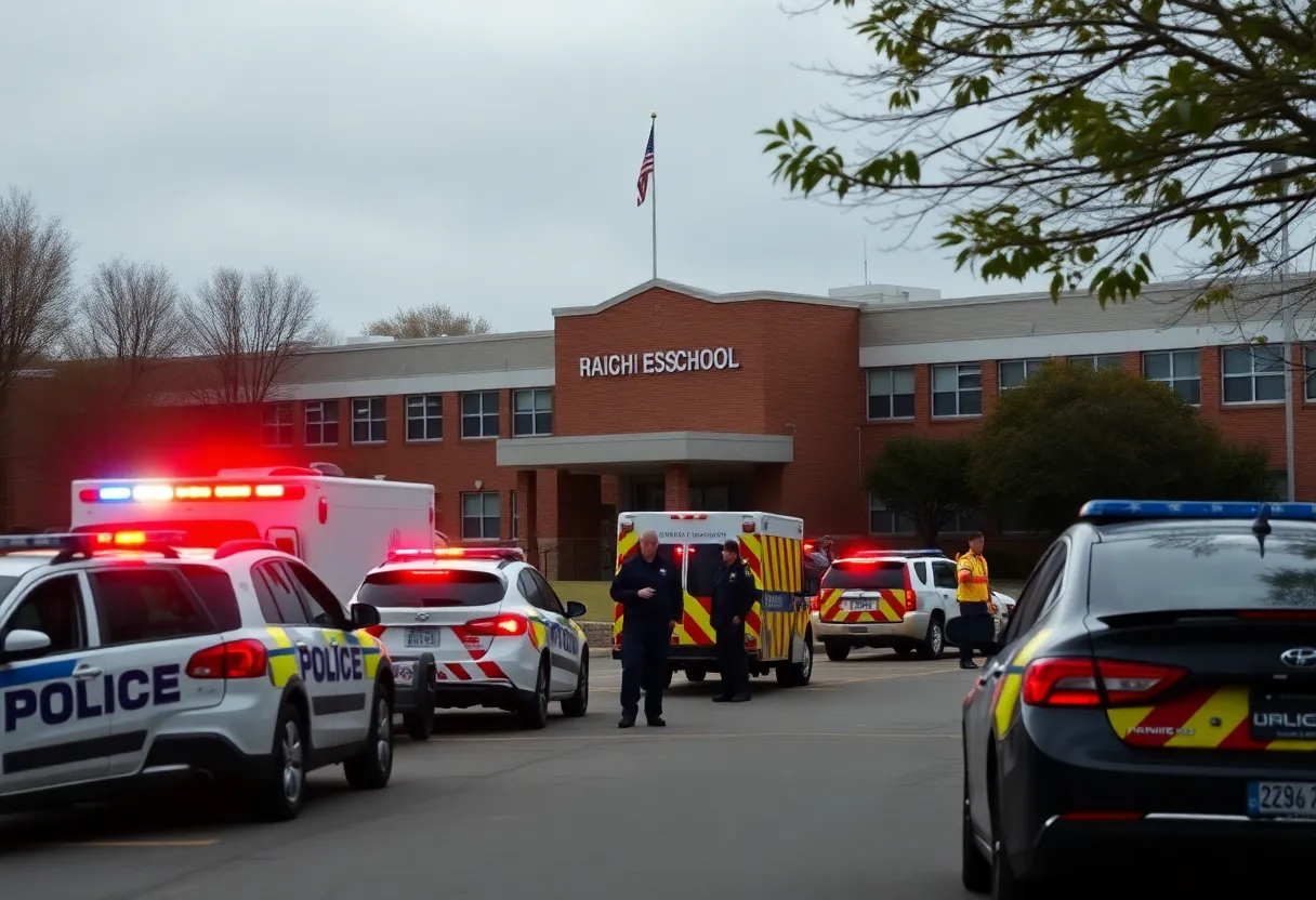 Police vehicles and emergency responders at Woodlawn High School