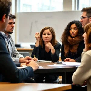 Faculty members in a classroom expressing concern over academic freedom issues