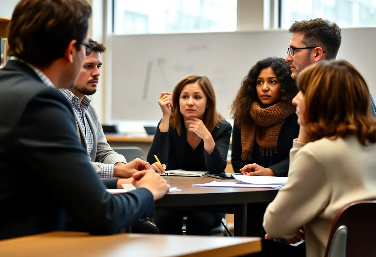 Faculty members in a classroom expressing concern over academic freedom issues