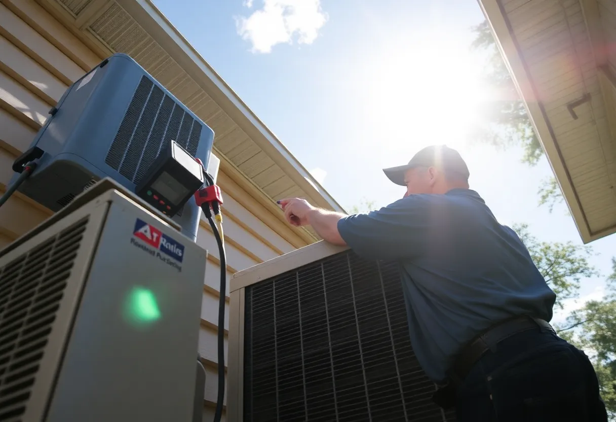 Technician repairing air conditioning unit in Louisiana
