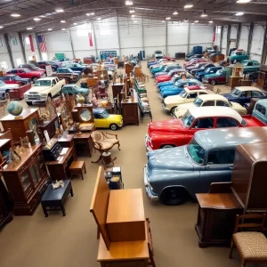 Vibrant auction scene showcasing various items for bid