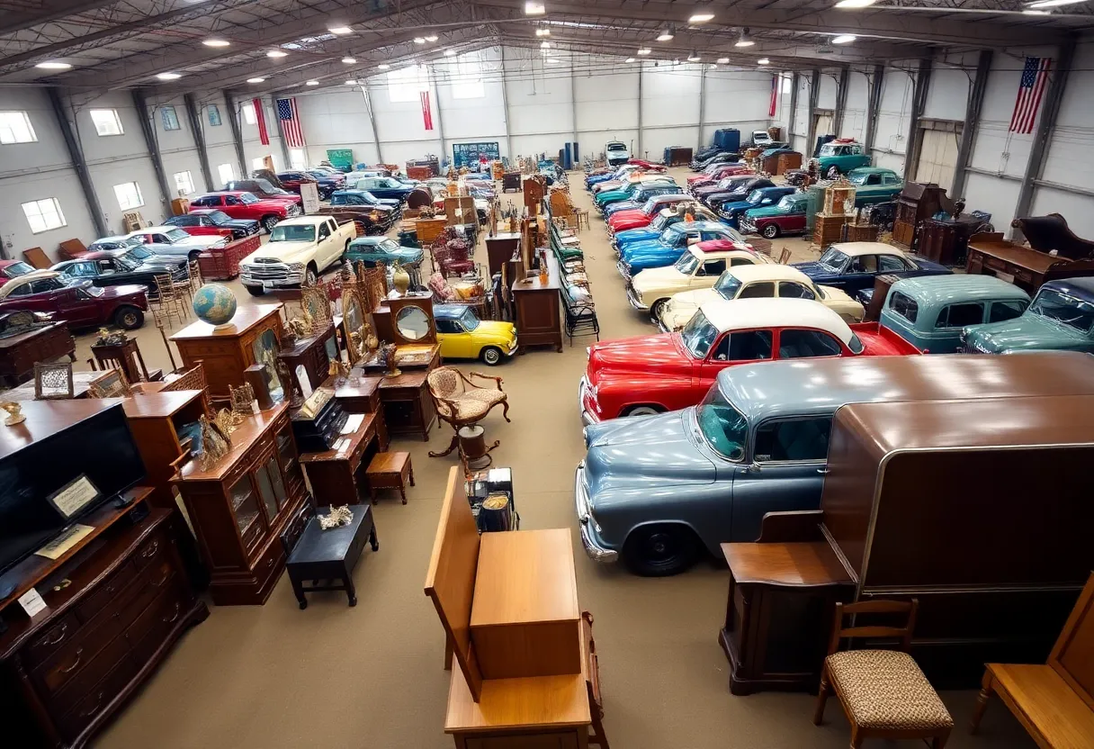 Vibrant auction scene showcasing various items for bid