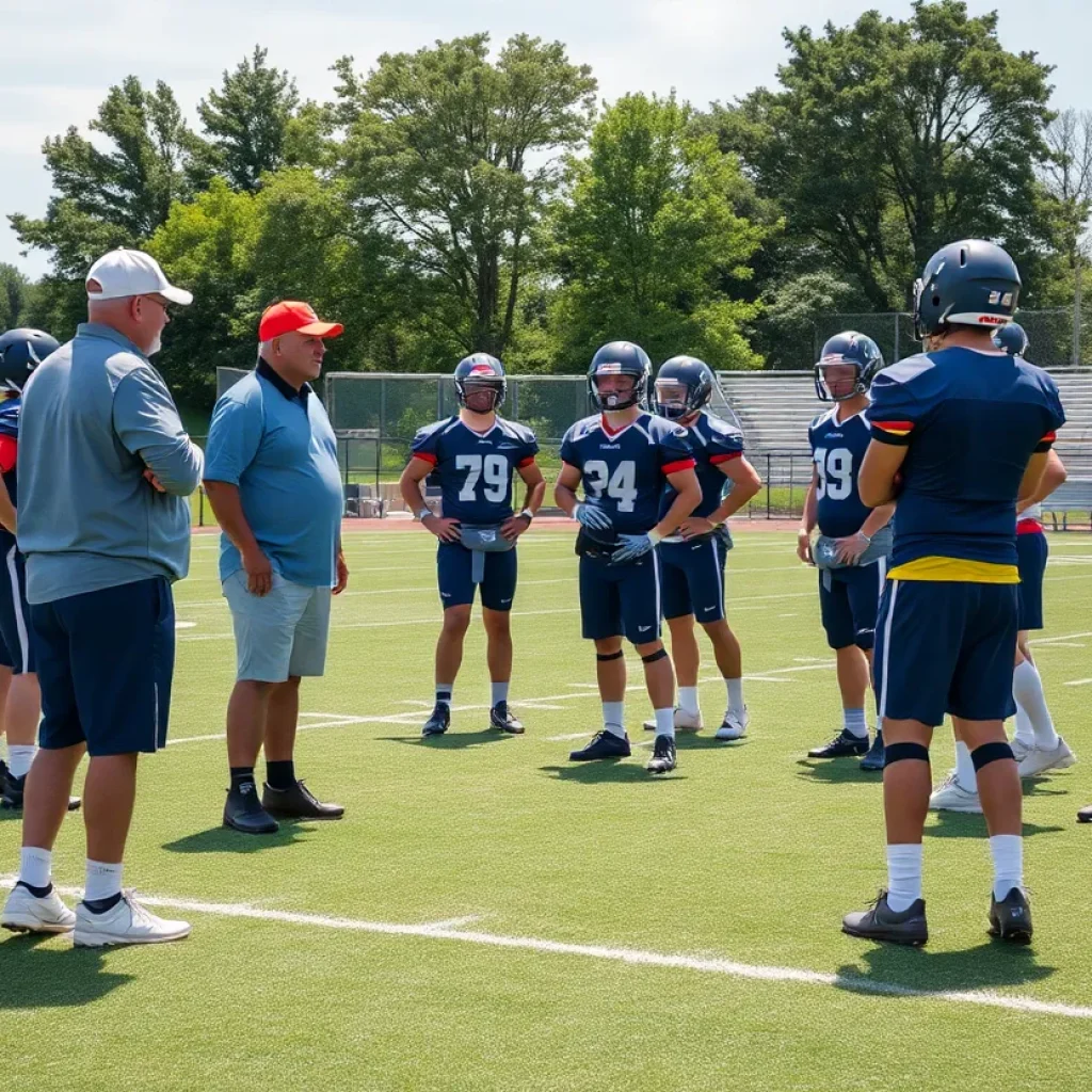 Football practice at Benton High School with players and coaches.
