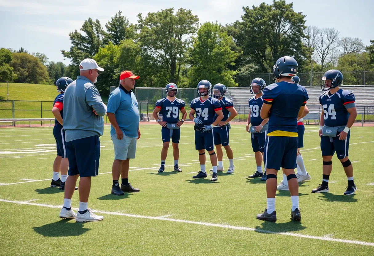 Football practice at Benton High School with players and coaches.