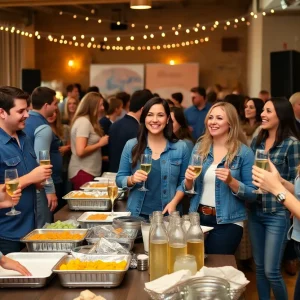 Fundraising event with attendees in casual denim enjoying food and drinks