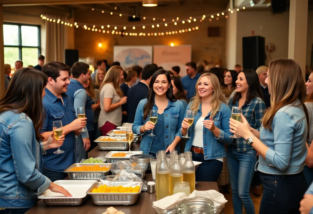 Fundraising event with attendees in casual denim enjoying food and drinks