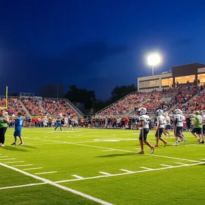 High school football game in Bossier City with players and cheering crowd