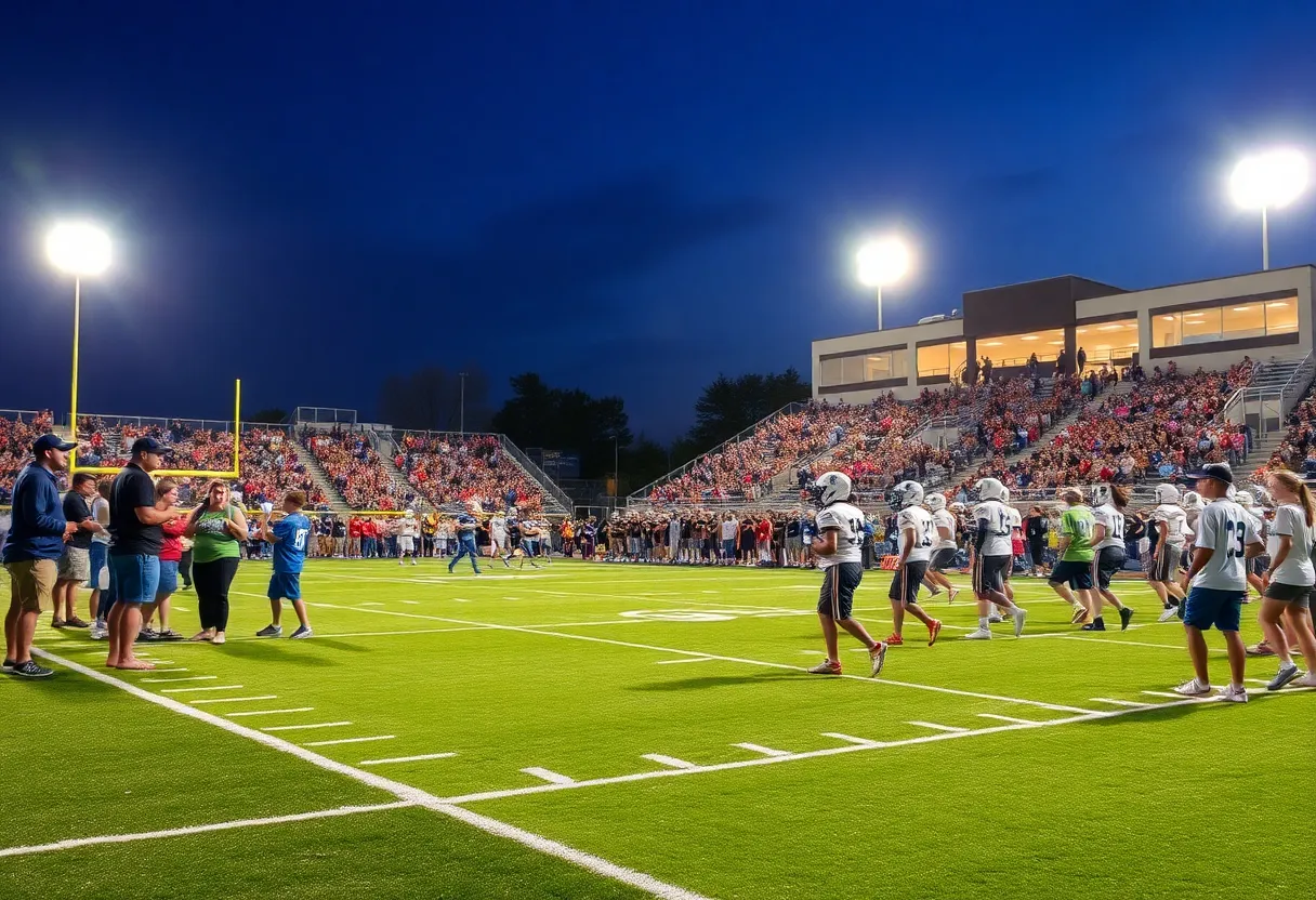 High school football game in Bossier City with players and cheering crowd