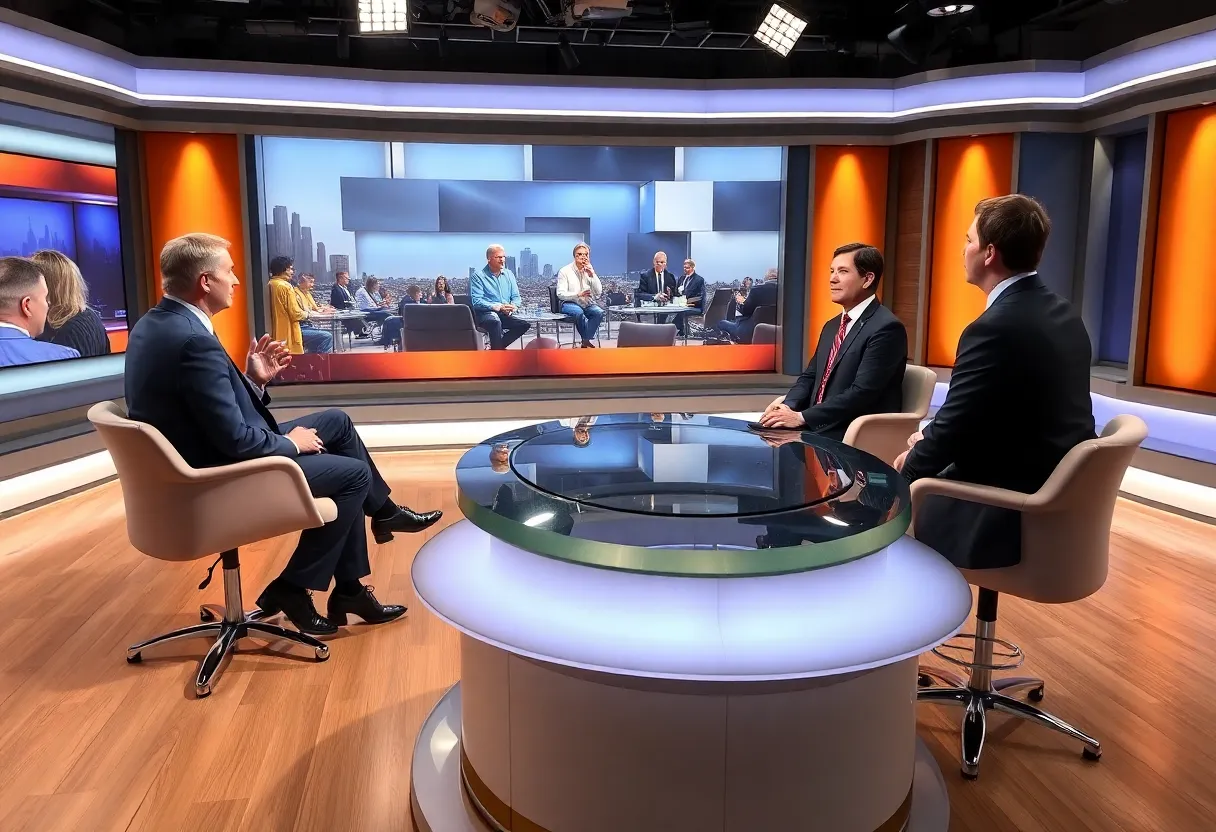 Television studio set of CBS News showing a live interview in progress