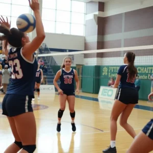 C.E. Byrd volleyball match action shot