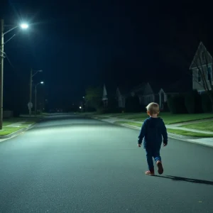 A child wandering alone in a suburban neighborhood street at night.