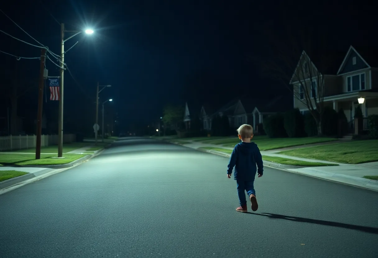 A child wandering alone in a suburban neighborhood street at night.