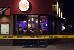 Broken front door of Chuck Wagon Crawfish restaurant in Shreveport