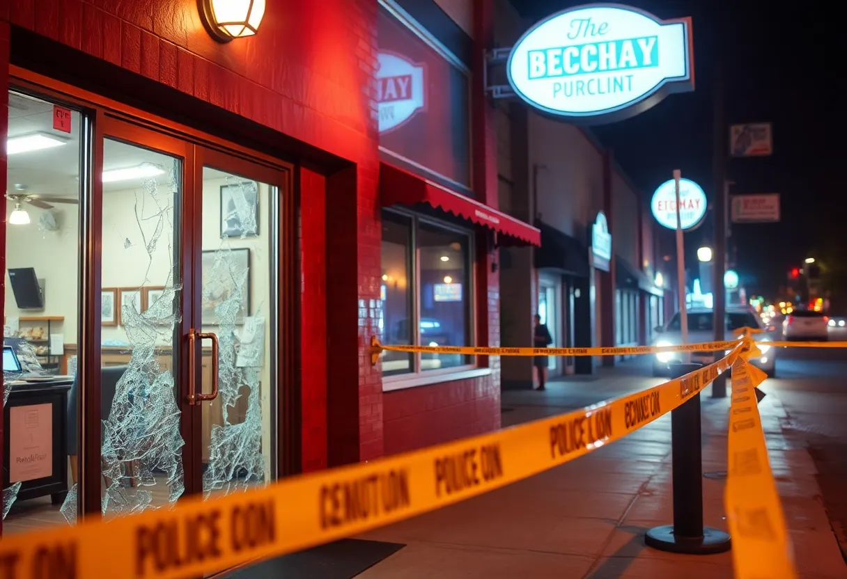 Broken glass door of Chuck Wagon Crawfish after the burglary incident